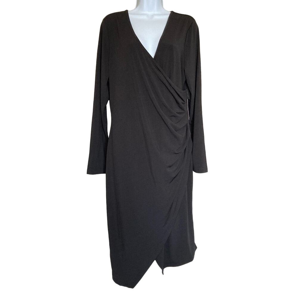 Eloquii Black Long Sleeve Faux Wrap Dress Ruched Side Surplice Neck Size 18 NWT